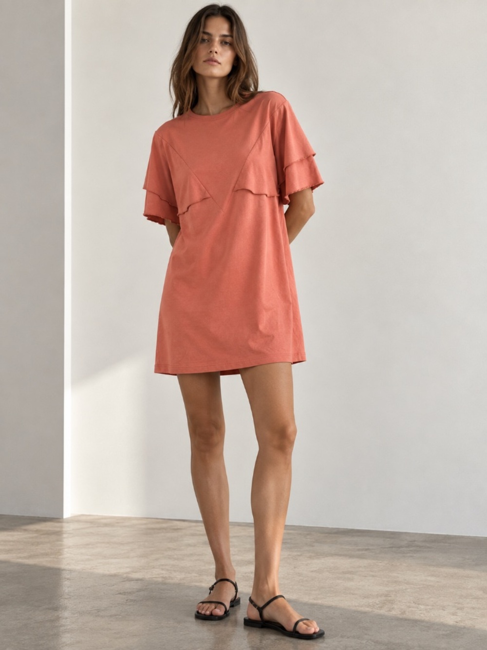 Zara Trafaluc Women’s Coral Ruffle Sleeve T-Shirt Dress Size M